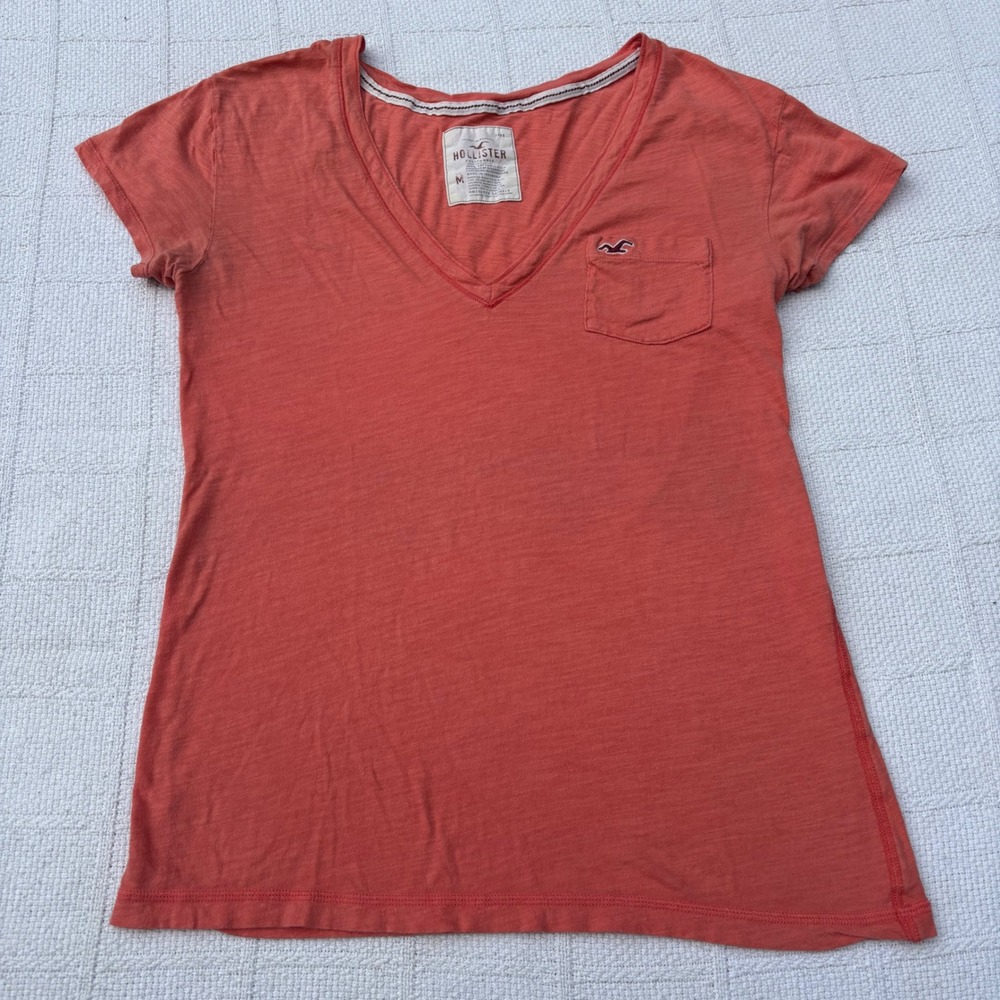Women's Medium HOLLISTER Y2K Coral Peach V-Neck Slim Fit T-Shirt Top